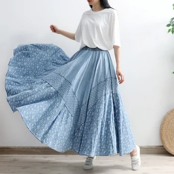 Makuluya Açık Mavi Denim Pamuk Prairie Chic Tatlı Bohemian Vintage Maxi Mori Tatil Elastik Bel Etekler Uzun Pileli Kadınlar