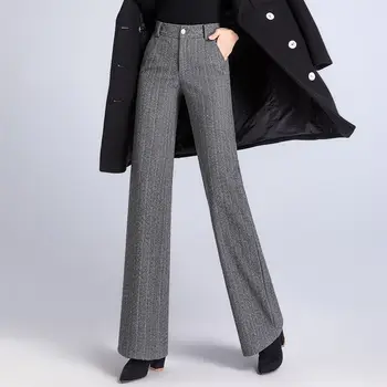 Sonbahar Kış Yün Geniş Bacak Pantolon Bayan Moda Çizgili Balıksırtı Kalınlaşmış Sıcak Yüksek Bel Gevşek Düz OL günlük pantolon