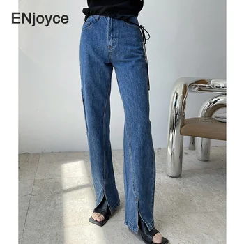 Kadınlar Vintage Mavi Geniş Bacak Bölünmüş Kot Temel Basit Yüksek Bel Pantolon Streetwear Gevşek Düz Kot Pantolon İlkbahar Yaz