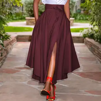 Uzun Maxi Etekler ZANZEA Kadınlar Etekler Yaz Vintage Fermuar Yüksek Bel A-line Etek Katı Düzensiz plaj elbisesi Faldas Saia S-