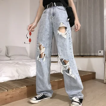 2020 Yeni Yüksek Bel Yırtık Kot kadın hip hop Gevşek Kot 5XL Kadın Pantolon Vintage Kadın Yırtık Pantolon Streetwear KZ69