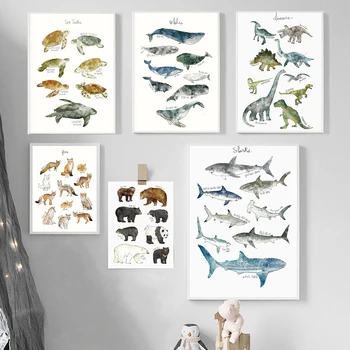 Karikatür Hayvanlar Dinozor Köpekbalığı Ayı Deniz Kaplumbağası Sanat tuval Boyama İskandinav Posterler ve Baskılar Duvar Resimleri Çocuk Odası Ev Dekor