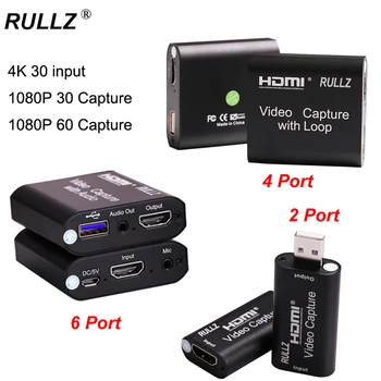 USB 2.0 3.0 4K Döngü Ses Video Yakalama Kartı HDMI Kayıt Kutusu Mikrofon Telefon Oyunu Canlı Akış Anahtarı PS4 DVD Kamera