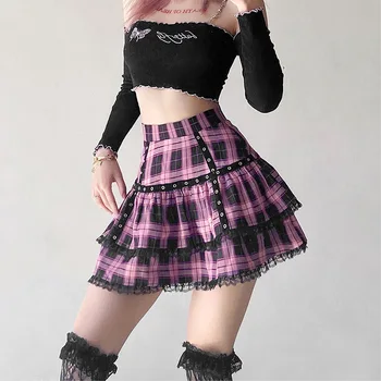 Lolita Kek Mini Etekler Gotik Japon Harajuku Kızlar Mor Pembe Ekose Pilili Etek Punk Tatlı Dantel Kawaii Cosplay Kostüm