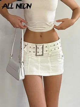 ALLNeon Y2K Estetik Temel Kuşaklı Düşük Bel Mikro Etekler 2000s Moda Seksi Cepler Beyaz Kot Etek Sevimli Dipleri Clubwear