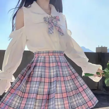 Japon Kawaii JK Üniforma Omuz Kapalı Kadın Yaz Üst Rahat Sevimli Dantel Uzun Kollu Bebek Yaka Katı Gömlek Genç Kızlar İçin