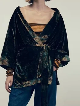 Kumsvag Kadın Sonbahar Kadife Kimono Bluz Gömlek Tops 2022 Moda Gevşek Baskı Sashes Kadın Zarif Sokak Üst Önlük Giyim