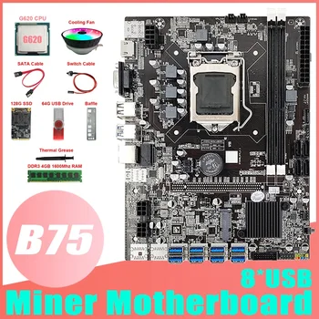 B75 ETH Madencilik Anakart 8 XUSB + G620 CPU + DDR4 4G RAM + 128G SSD + 64G USB Sürücü + Fan + SATA Kablosu + Anahtarı Kablosu + Termal Gres