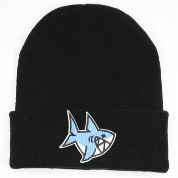 Karikatür köpekbalığı nakış Pamuk Kalınlaşmak örme şapka kış sıcak şapka Skullies kap bere şapka çocuk erkek kadın 105
