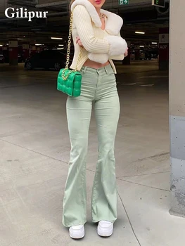 Yeşil Y2k Alevlendi Kot Kadın Yüksek Bel Moda Streç Geniş Bacak Pantolon Femme günlük kot pantolon Yıkanmış Anne Jean dökümlü pantolon