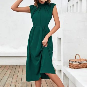 Kadınlar Zarif Yeşil MİDİ Elbise 2022 Yaz Kolsuz Sundress Moda Fırfır Sasual Plaj Ünlü Vestidos İnce Elbiseler