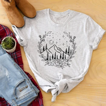 Estetik Çiçek Dağlar Doğa T-shirt Şık Kadın Kamp Açık Gömlek Yaz Kısa Kollu Grafik Yürüyüş Tee Gömlek Üst