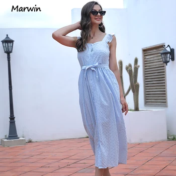 Marwin Basit Uzun Casual Katı Hollow Out Saf Pamuk Tatil Tarzı Yüksek Bel Moda Orta Buzağı Yaz Elbiseler YENİ Vestidos