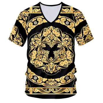 IFPD AB / ABD boyutu Moda Erkekler Altın Çiçek 3D Baskı V Yaka T-Shirt Yaz Homme Kısa Kollu Lüks Kraliyet Barok erkek Giysileri