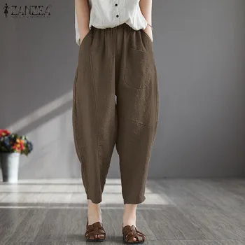 2022 ZANZEA Kadınlar Sonbahar harem pantolon Vintage Casual Gevşek Şalgam Pantalon Boy Palazzo Elastik Bel Katı Uzun Pantolon