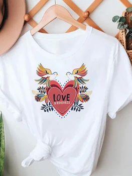 Kalp güzel Kadın T-shirt Yaz Bayanlar Rahat Temel O-Boyun Giyim Kısa Kollu Üst Kadın T shirt Kadın Baskılı Karikatür