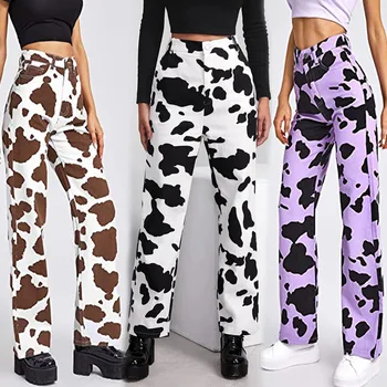 Inek Baskı Yüksek Belli İnce Bayan Kot Pantolon 2021 Bayanlar Harajuku Düz Bacak Sıska Günlük Casual Streetwear Kadınlar High - End Jean