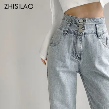 ZHISILAO 2021 Moda Yüksek Bel Düz Kadın Kot Vintage Hip-Hop Kot Pantolon Açık Mavi Geniş Bacak Kot Şık 2021