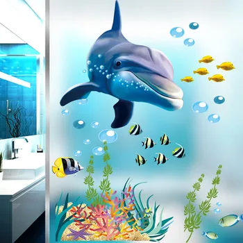 Yunus balık akvaryumu Okyanus duvar çıkartmaları Çocuklar İçin Çocuk Odaları Banyo Mutfak Ev Dekor Karikatür Hayvanlar Çıkartmaları Duvar Sanatı