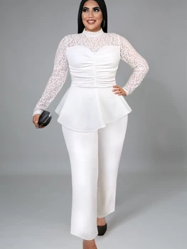 Beyaz Dantel Tulumlar Kadınlar Patchwork See Through Yüksek Bel Bodysuit Peplum Uzun Kollu Zarif Ofis Sonbahar Moda Büyük Boy