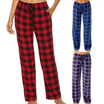 Uyku Pantolon Ekose Desen Yüksek Elastikiyet Geniş Bacaklar Pamuk Gevşek Bayanlar Pijama Pantolon Pantolon Tüm Uyumlu Ev Dropshipping için