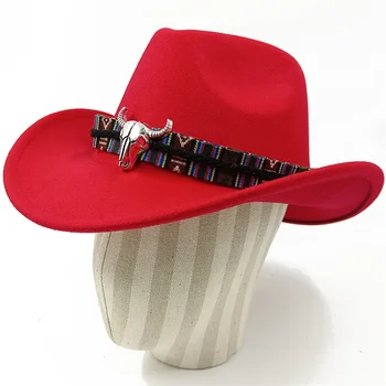 Kovboy şapkası sonbahar ve kış kalın fötr şapka tek renkli kırmızı kıvrılmış boğa kafa logosu unisex caz гльпаченская