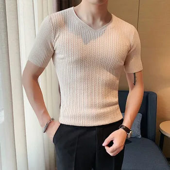 Ingiliz erkek Kore Slim Fit V Yaka Erkek T Shirt Sosyal Kulüp günlük t-shirt Düz Renk Kısa Kollu Örme Taban Tshirt erkekler İçin