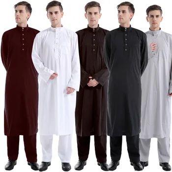 Müslüman Moda Suudi Arabistan İslam Giyim Erkekler Robe Kaftan Musulmana Arapça Elbise Müslüman Setleri Jubba Thobe Kaftan Ramazan İslam