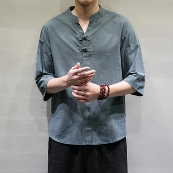 Yeni erkek Japon Kimono Yarım Kollu Kazak T-Shirt Düz Renk Harajuku Yukata Yaz Keten erkek gömleği Üst Asya Giyim