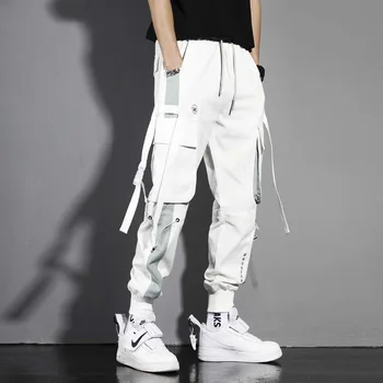 Erkek kargo pantolon Siyah Şeritler Harem Joggers Rahat Pamuk Streetwear Hip Hop Cepler eşofman altları Harajuku Gelgit moda Pantolon