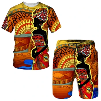 Afrika Tribal Baskı kadın / erkek T-Shirt Setleri Afrika Dashiki erkek Eşofman / Vintage Üstleri Spor Ve Eğlence Yaz Erkek Takım Elbise