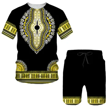 Yaz 2 Parça Set 2022 Afrika Baskı T-Shirt + Şort Takım Elbise Vintage Afrika Dashiki Kumaş Tarzı Giysiler Erkek / Kadın Rahat Eşofman
