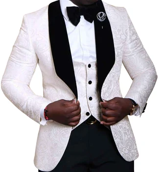 Beyaz Erkek Takım Elbise 3 Adet Çiçek Jakarlı Siyah Şal Yaka Groomsmen Smokin Düğün Takımları Erkekler için (blazer + yelek + pantolon)