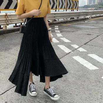 Düzensiz Kadın Etekler Katı Pilili Streetwear Asimetrik Yüksek Bel Şifon Kore Tarzı Moda Şık Harajuku Basit Yeni