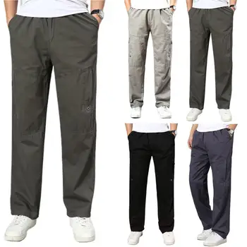 Moda Kargo Pantolon Düz Renk Çok Cepler Pantolon Gevşek Fermuar Kapatma Pantolon Pantolon Erkek Geniş Bacak Pantolon Çalışmak için