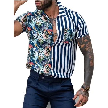 2022 Yaz Yeni Trendyol Erkek Vintage Hawaii Çizgili Patchwork Gömlek Kısa Kollu Hawaii Plaj Gömlek Erkekler İçin Camisa Palmeiras