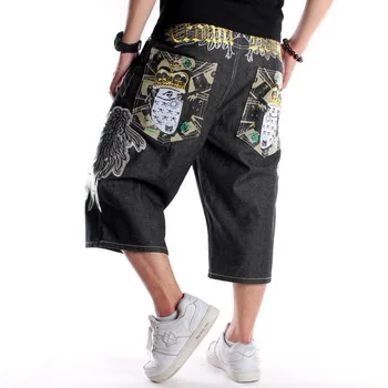 Yaz Gevşek Geniş Bacak Nakış Erkek Şort Kot Hip Hop Kaykay Baggy kapri pantolonlar Erkek Baskılı Kot Şort Büyük Boy 30-46