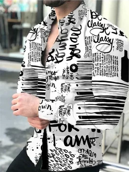 Moda Lüks Parti Akşam Elbise Gömlek Yaka Düğmesi Aşağı Gömlek Casual Baskılı Gazete Metin Sanat erkek gömlekler