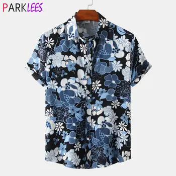 Erkek Yaz Tropikal Çiçek Gömlek Kısa Kollu Düğme Aşağı Aloha havai gömleği Rahat Tatil Tatil Plaj Gömlek Chemise 3XL