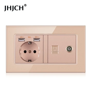 Jhjch AB standart duvar soket + TV telefon, altın temperli cam rj45 cat6 bilgisayar internet duvar soket 146 * 86mm