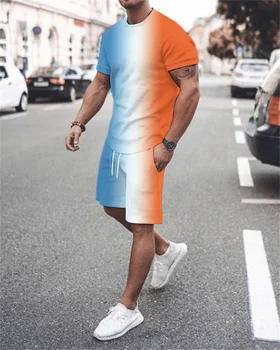 Yeni Büyük Boy Yaz erkek tişört Şort Koşu Seti Adam gündelik spor giyim O-boyun 2 Parça Set 3D Baskılı Grafik Kumaş Tees