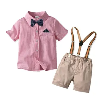 Çocuklar Beyefendi Giysileri Bebek Erkek Seti Yaz Beyaz ve Pembe Çizgili Takım Elbise Gömlek Jartiyer Şort Resmi Yürümeye Başlayan Çocuk Giysileri 1-6Years