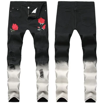 Erkek Nakış Gül Sıkıntılı Sonbahar Kış Moda Tutun Yırtık Siyah Streetwear Erkekler Kot Artı Boyutu 38 40