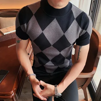 Yeni Erkek Kısa Kollu Argyle Tasarım Örgü Kazak Kazaklar Sonbahar Kış Giyim Yüksek yaka Örgü gömlek Slim Fit Sıcak Üstleri S-3XL