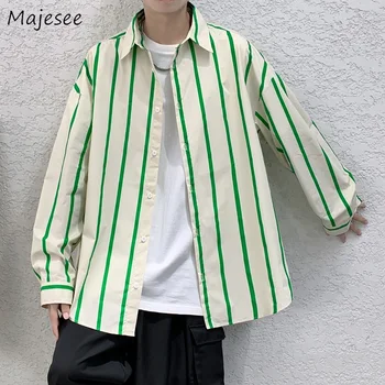 Çizgili Gömlek Erkekler Uzun Kollu Japon Moda Sonbahar Serin Rahat Streetwear Hip Hop Giyim Camisa Masculina Kore Şık