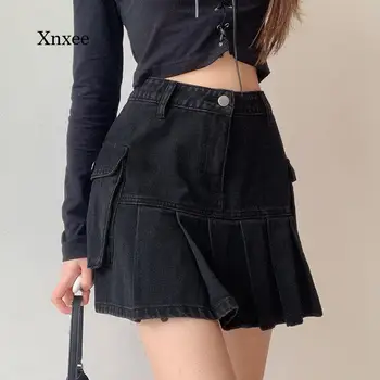 Yeni Yaz Pilili Mini Etek Bayan S-5Xl Streetwear Katı Yüksek Bel Culottes Pantolon Oldu İnce Denim Etekler Giyim