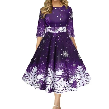 O-Boyun 3/4 Kollu Bel Sıkı Yüksek Bel Noel Elbise Noel Kar Tanesi Baskı Büyük Hem A-Line Midi Elbise