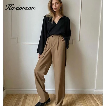 Hirsionsan Yüksek Belli Gevşek Düz Pantolon Kadın 2021 Yeni Ofis Bayan Rahat Geniş Bacak Pantolon Vintage Fermuar-Up Kadın Pantolon