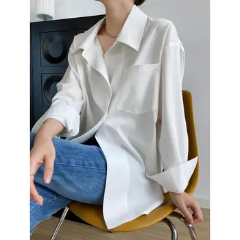 Kadın Erkek Arkadaşı Tarzı Gömlek 2022 Kore Tarzı Gevşek Beyaz Bluz Basit Tasarım Büyük Boy Gömlek Kadın Giyim