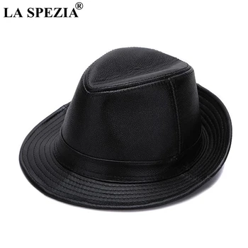 LA SPEZIA Siyah Fedoras Şapkalar Erkekler Hakiki Deri Retro Caz Kapaklar Beyefendi Gerçek Deri Lüks Bahar Klasik Keçe Fötr Şapka